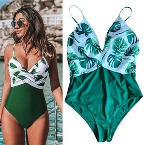 PatPat Swimsuit Womens XL Green White Tropical Leaf Print One Piece Bathing Suit